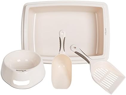  Lucky Tree 3 Color Cat Litter Pan Litter Box Plastic Cat Food Bowl With Scoop Shovel, 4Pcs Pet Supplies Set For Cats