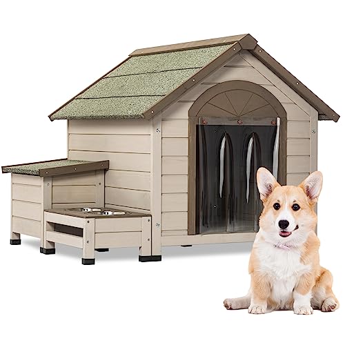  Prohon Dog Houses For Medium Dogs Outside, Weatherproof Doghouse With Storage Box, Elevated Feeding Station & 2 Bowls, Wooden Puppy Shelter