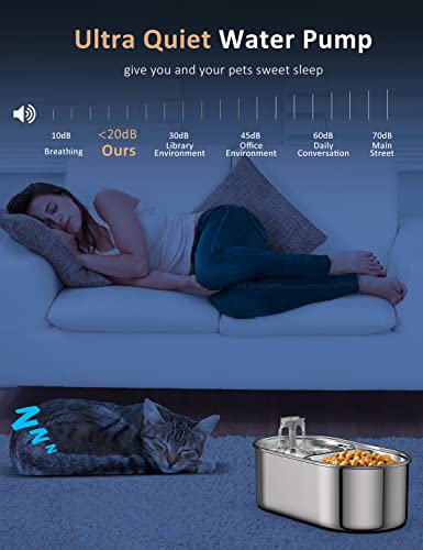  Cat Water Fountain, 88oz/2.6L 304 Stainless Steel Pet Water Fountain For Cats Inside,2-in-1 Cat Bowls For Food And Water, Ultra-Silent Automatic Dog Water Dispenser With Smart Pump And 5 Filters
