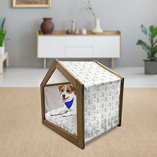  Lunarable Cat Wooden Pet House, Monochrome Doodle Style Feline Pattern With A Bowl Of Food Fish And Mouse Design, Outdoor & Indoor Portable Dog Kennel With Pillow And Cover, Small, Black And White