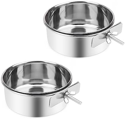  Wontee Pet Food Water Bowl With Clamp Holder Stainless Steel Feeding Cups Feeder For Dog Bird Parrot Cat Rabbit, 2 Packs (M)