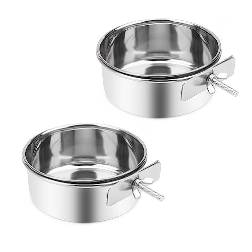  Wontee Pet Food Water Bowl With Clamp Holder Stainless Steel Feeding Cups Feeder For Dog Bird Parrot Cat Rabbit, 2 Packs (M)