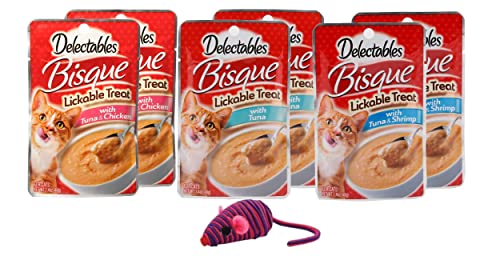  Delectables Bisque Lickable Wet Cat Treats For Adult & Senior Cats Bundle Of 3 Flavors And Toy Size:Pack Of 6 Flavor:Variety