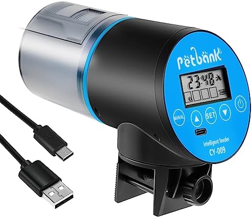  Petbank Automatic Fish Feeder - Rechargeable Timer Fish Feeder With USB Charger Cable, Fish Food Dispenser For Aquarium Or Fish Tank (CY-009 Blue)