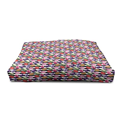  Lunarable Food Wooden Pet House, Colorful Macaron Yummy French Desert On Black And White Striped Background Print, Outdoor & Indoor Portable Dog Kennel With Pillow And Cover, Medium, Multicolor