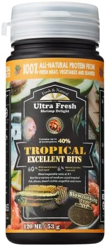  Ultra Fresh Tropical Fish Food, Wild Sword Prawn, Natural Color Enhancement, Slow Sinking Pellet For Discus, Angelfish, Medium Sized Cichlids And Fish, Tropical Excellent Bits 4.6 Oz