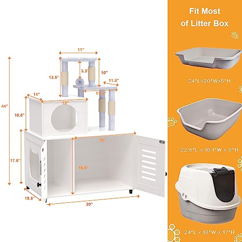  EasyCom Litter Box Enclosure, Hidden Cat Tree Tower Furniture For Indoor House, Modern Wooden All-in-one Cat Litter Cabinet With Scratching Post And Condo, White