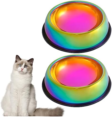  LEOWOW Rainbow Color Stainless Steel Cat Bowl Water & Feeder Bowls 2 In 1 Slow Feed Bowl For Small/Medium Cats/Dogs With Non-Skid Rubber Base, 9.5 Oz /280ml Capacity Each (Set Of 2)