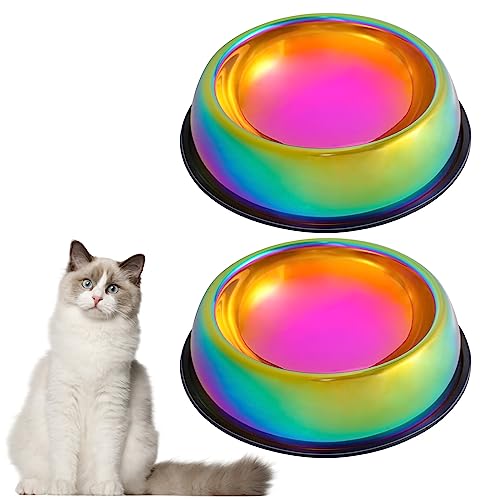  LEOWOW Rainbow Color Stainless Steel Cat Bowl Water & Feeder Bowls 2 In 1 Slow Feed Bowl For Small/Medium Cats/Dogs With Non-Skid Rubber Base, 9.5 Oz /280ml Capacity Each (Set Of 2)