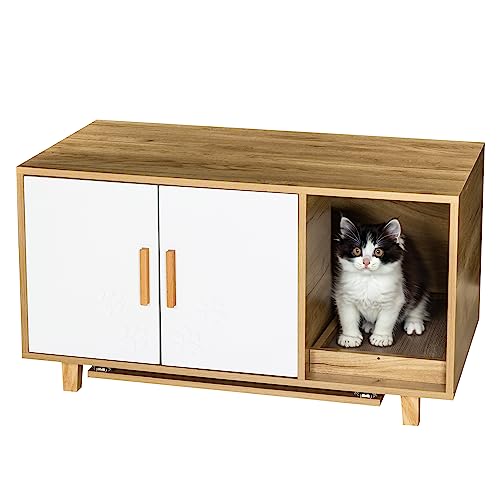  FEELLE Cat Litter Box Enclosure Houses With Food Bowls And Scratch Pad For Indoor Cats, Cat Washroom Hidden Litter Box Furniture Cabinet, Modern Cat Home, Table Nightstand Pet House