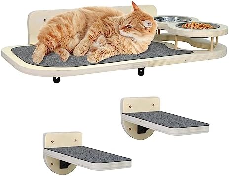  Cat Wall Shelves With 2 Steps,Cat Wall Mounted Shelves And Perches Set,Cat Wall Furniture With 2 Cat Bowls For Indoor Cats,Cat Climbing Shelf Hammock With Climbing Shelf Perches Plush Covered