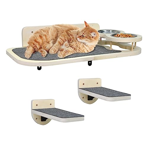  Cat Wall Shelves With 2 Steps,Cat Wall Mounted Shelves And Perches Set,Cat Wall Furniture With 2 Cat Bowls For Indoor Cats,Cat Climbing Shelf Hammock With Climbing Shelf Perches Plush Covered