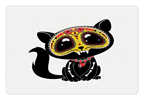  Lunarable Day Of The Dead Pet Mat For Food And Water, Dia De Los Muertos Themed Delicate Cat Illustration Print Kitten Art, Non-Slip Rubber Mat For Dogs And Cats, 18" X 12", Black And Multicolor