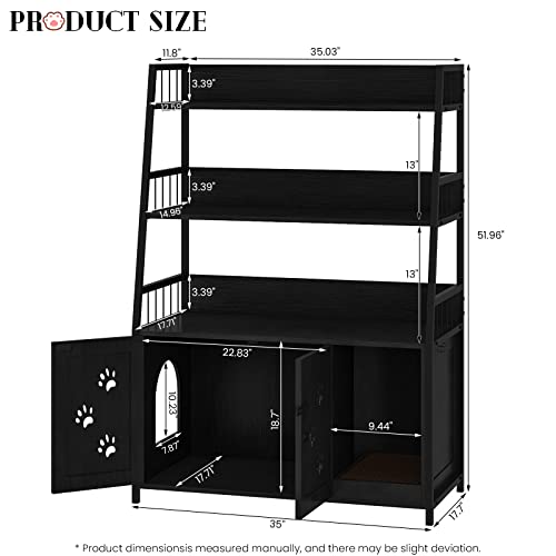  Recaceik Large Cat Litter Box Enclosure With Shelf Storage, Hidden Cat Washroom Furniture, Wooden Cat House With Scratch Pad, Sturdy Indoor Cat Cabinet With 2 Doors, Black
