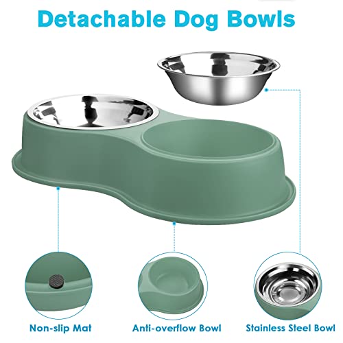  Dog Bowls Double Dog Water And Food Bowls Stainless Steel Bowls With Non-Slip Resin Station, Pet Feeder Bowls For Puppy Medium Dogs Cats (Green)