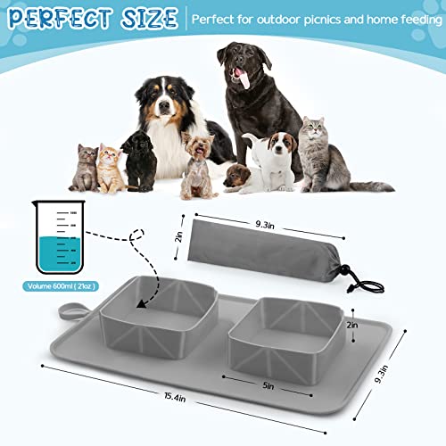  ODRIW Dog Food Mat, Outdoor Portable Dog Bowl Mat, Silicone Double Bowl Dog Mat For Food And Water For Small, Medium And Large Dogs And Cats, Pet Food Mat With Storage Bag. (Grey)