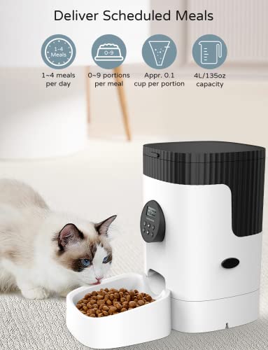  SHANDII Automatic Cat Feeder, 4L Programmable Pet Food Dispenser With Timer And Portion Control, 1-4 Meals Per Day, Button-Lock Lid With Desiccant Bag, 10s Voice Recorder