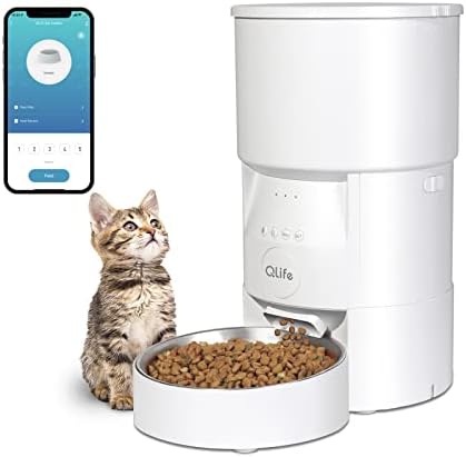  QLIFE Automatic Cat Dog Feeder: Dry Food Dispenser For Dog, Auto Pet Feeder, Portion Control Automatic Dog Feeder (White WiFi, 6L)