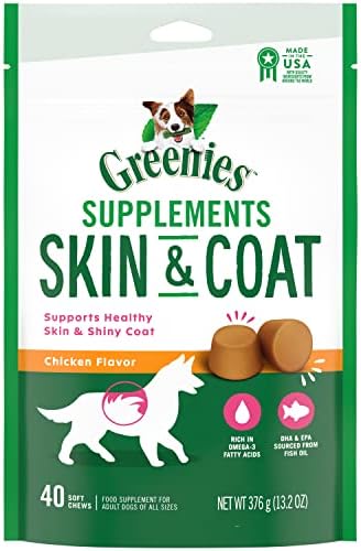 GREENIES Skin & Coat Food Supplements With Fish Oil & Omega 3 Fatty Acids, 40-Count Chicken-Flavor Soft Chews For Adult Dogs