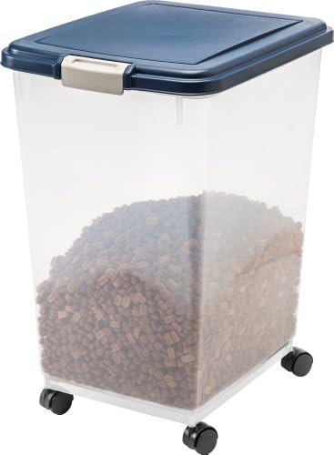  IRIS USA 50Lbs./69Qt. WeatherPro Airtight Pet Food Storage Container With Attachable Casters, For Dog Cat Bird And Other Pet Food Storage Bin, Keep Fresh, Translucent Body, Easy Mobility, Navy