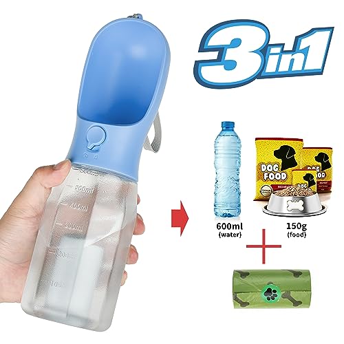  AVELORA Dog Water Bottle With Food Container, Portable Pet Dog Water Dispenser For Outdoor Walking,Hiking,Travel,Puppy Essentials,Puppy Supplies,Replaceable Waste Bags