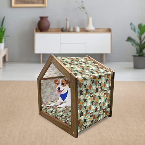  Lunarable Retro Wooden Pet House, Breakfast Pattern With Eggs Jam Coffee And Bagel Traditional New York Morning Food, Outdoor & Indoor Portable Dog Kennel With Pillow And Cover, Small, Multicolor
