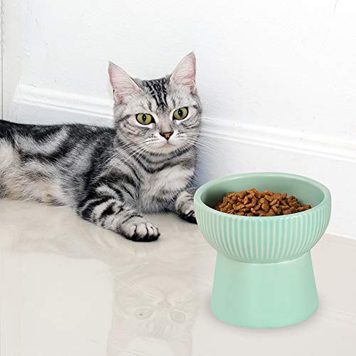  Green Ceramic Raised Cat Bowls, Elevated Food Or Water Bowls, Stress Free, Backflow Prevention, Dishwasher And Microwave Safe, Lead & Cadmium Free