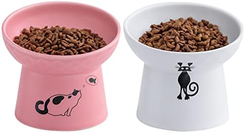  Tilted Ceramic Raised Cat Bowls, 8 OZ Food And Water Bowls Set For Kitty, 5 In Porcelain Elevated Stress Free Feeding Pet Dish, Dishwasher And Microwave Safe (White & Pink)