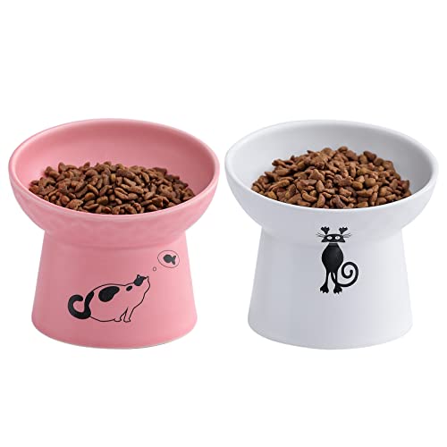  Tilted Ceramic Raised Cat Bowls, 8 OZ Food And Water Bowls Set For Kitty, 5 In Porcelain Elevated Stress Free Feeding Pet Dish, Dishwasher And Microwave Safe (White & Pink)