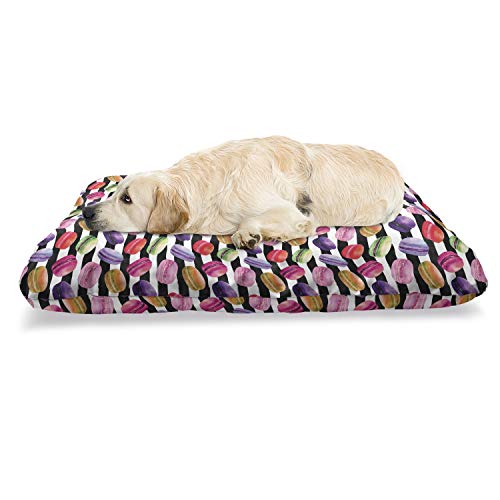  Lunarable Food Pet Bed, Colorful Macaron Yummy French Desert On Black And White Striped Background Print, Chew Resistant Pad For Dogs And Cats Cushion With Removable Cover, 24" X 39", Multicolor