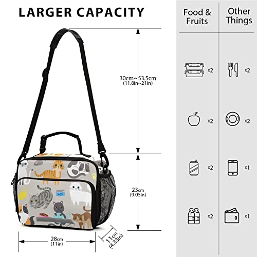  Eionryn Cute Kitty Cat With Cat Breeds Toys And Food Lunch Bags Lovely Cat Kitchen Lunch Box Insulated Cooler Bag Reusable Tote Shoulder Bag For Outdoor Picnic Meal Office
