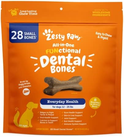 Zesty Paws Dental Bones For Large Dogs - Fights Tartar & Plaque - Gum, Teeth & Bone Health - Cinnamon For Dog Breath - Immune, Joint, Gut, Skin & Coat Support - Omega 3 EPA & DHA And Calcium - 8 Ct