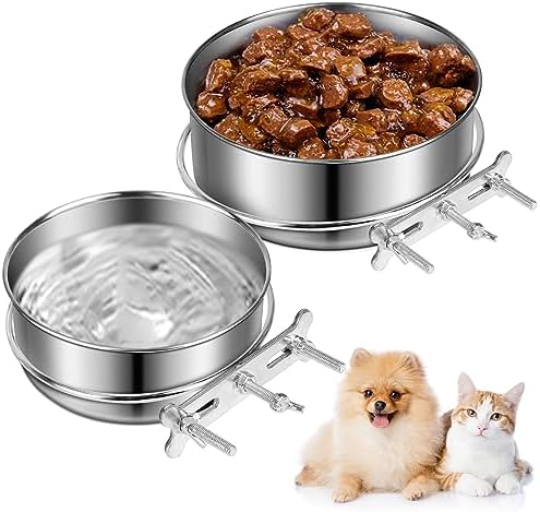  Hanging Pet Bowls,2PCS Pet Grate Bowl With Clamp Holder,Stainless Steel Dog Water Bowl Food Feeder,Removable Pet Dish Bowl For Cat,Dog Small/Medium/Large Animal (7.1"x2.8"+5.5"x2.2", Gray)