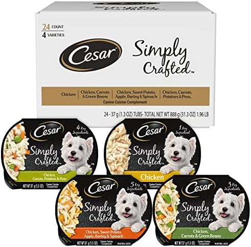  CESAR Simply Crafted Adult Soft Wet Dog Food Meal Topper Variety Pack, Chicken, Duck, Purple Potatoes, Pumpkin, Green Beans & Brown Rice And Chicken, Carrots, Barley & Spinach, (8) 1.3 Oz. Tubs