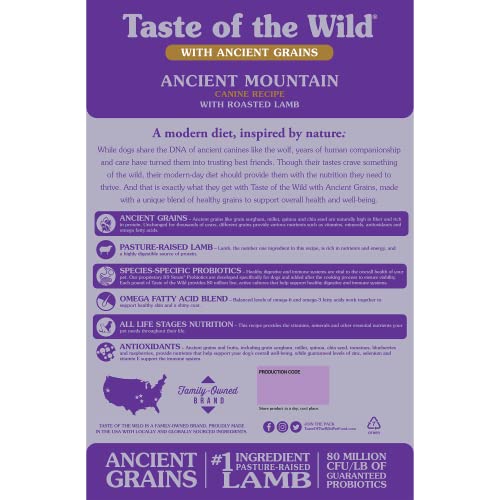  Taste Of The Wild With Ancient Grains Ancient Mountain Canine Recipe With Roasted Lamb Dry Dog Food, Made With High Protein From Real Lamb And Guaranteed Nutrients And Probiotics 28lb