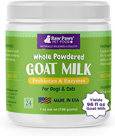  Raw Paws Whole Goat Milk Powder For Dogs And Cats, 7-oz - Goats Milk For Dogs Made In USA - Natural Kitten & Puppy Milk Replacement Formula - Dry Pet Goat Milk Food Topper - Pet Nutritional Supplement