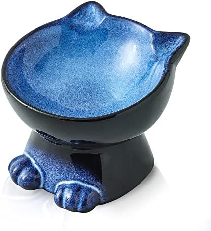  Nihow Ceramic Basic Cat Bowls: 6.25 Inch Cat Bowl For Food & Water - Food Grade Cat Dish For Large-Sized Cat/Medium-Sized Dog - Microwave & Dishwasher Safe -Elegant Blue & Black (8.5 OZ /1 PC)