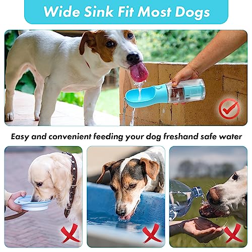  KAHEGIND 3-in-1 Portable Dog Water Bottle With Food Container,Replaceable Waste Bags Leak Proof Dog Travel Water Bottle,Carbon Filter For Drinking, Feeding, Travel, Walking And Hiking (Blue 20 Oz)