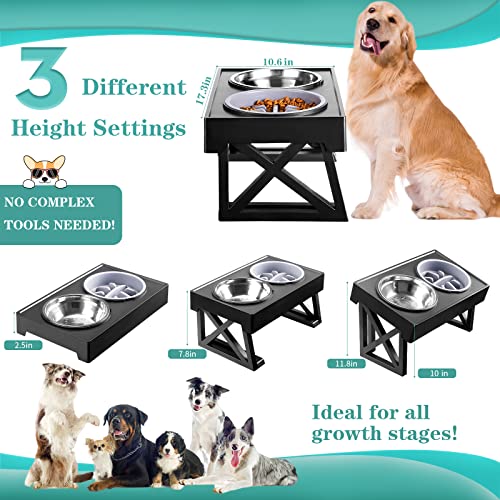  MDEHOPET Elevated Dog Bowls For Large Dogs, 3 Adjustable Heights Raised Pet Bowl Stand Feeder With Slow Feeder Bowl 2 Stainless Steel Food & Water Bowls For For Small Medium Large Dogs And Pets