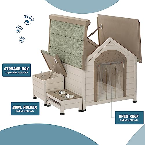 GENERIC Outdoor Fir Wood Dog House With An Open Roof Ideal For Small To Medium Dogs. With Storage Box, Elevated Feeding Station With 2 Bowls. Weatherproof Asphalt Roof And Treated Wood