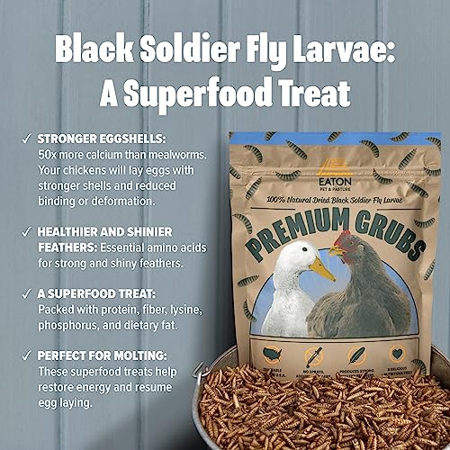  Eaton Pet & Pasture Premium Grubs, USA Black Soldier Fly Larvae, More Nutritious Than Mealworms, 50x Calcium, Chicken Treats, Sustainable & All-Natural Grubs For Chickens, Hens, Birds, Ducks, 1 LB