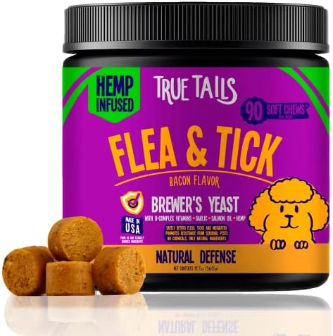  True Tails Flea And Tick Prevention For Dogs – 90 Bacon Soft Chews Dog Flea & Tick Control – Natural Flea And Tick Treatment With Garlic, Hemp, Vitamin B Complex – With No Preservatives