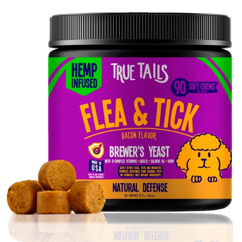  True Tails Flea And Tick Prevention For Dogs – 90 Bacon Soft Chews Dog Flea & Tick Control – Natural Flea And Tick Treatment With Garlic, Hemp, Vitamin B Complex – With No Preservatives