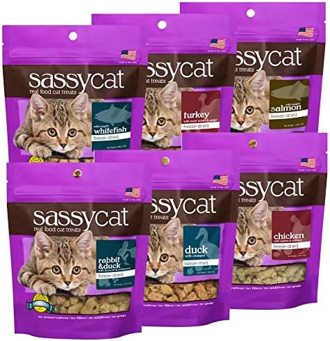  Herbsmith Sassy Cat Treats - Freeze Dried Chicken Treats – All Natural Treats For Cats - Bundle- Duck, Chicken, Rabbit, Turkey, Whitefish, And Salmon