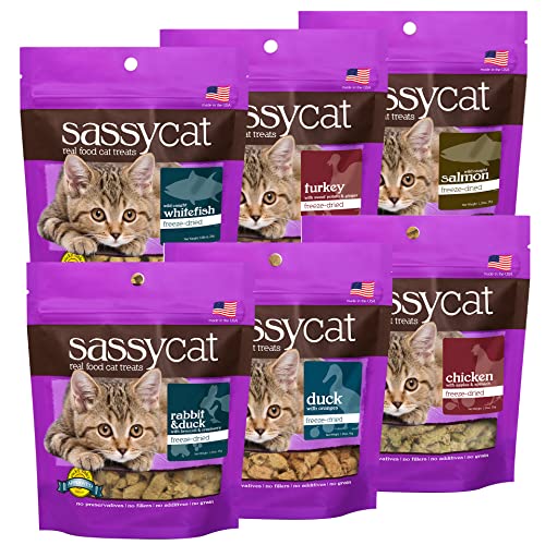  Herbsmith Sassy Cat Treats - Freeze Dried Chicken Treats – All Natural Treats For Cats - Bundle- Duck, Chicken, Rabbit, Turkey, Whitefish, And Salmon