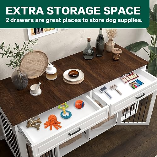 74.8" L*29.5" D*37.1" H Extra Large Dog Crate Furniture For 2 Dogs,Wooden Double Dog Crates Kennel Cage Furniture Style For Large Breed Dogs With Divider Drawers And Locks,White