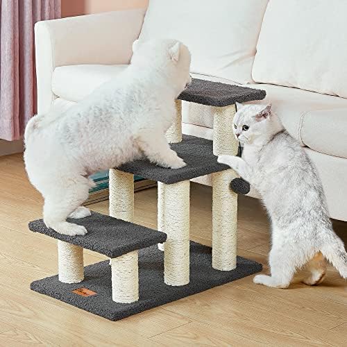  Pawque Dog Stairs & Cat Scratching Post Pet Steps For High Beds Couch, High-Strength Boards Holds Up To 150 Lbs For Indoor Small Cats Kittens Dogs Climbing Playing, 3 Combination Options, 3 Steps-Grey