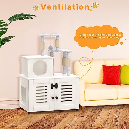  EasyCom Litter Box Enclosure, Hidden Cat Tree Tower Furniture For Indoor House, Modern Wooden All-in-one Cat Litter Cabinet With Scratching Post And Condo, White