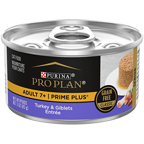  Purina Pro Plan Grain Free Senior 7+ Wet Cat Food Pate, SENIOR Prime Plus Turkey & Giblets Entree - (24) 3 Oz. Pull-Top Cans