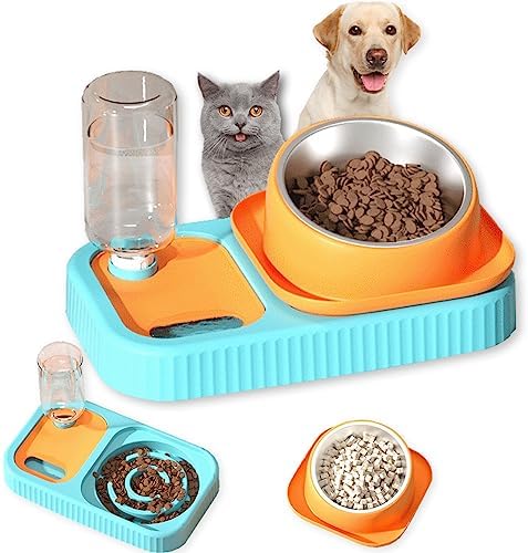  Cdycam Cat Dog Food And Water Bowl Set, Double Food Bowls With Automatic Gravity Water Bottle, Raised Slow Feeder, Detachable Stainless Steel Bowl, 15°Tilt Elevated No Spill Dispenser (Gray+White)